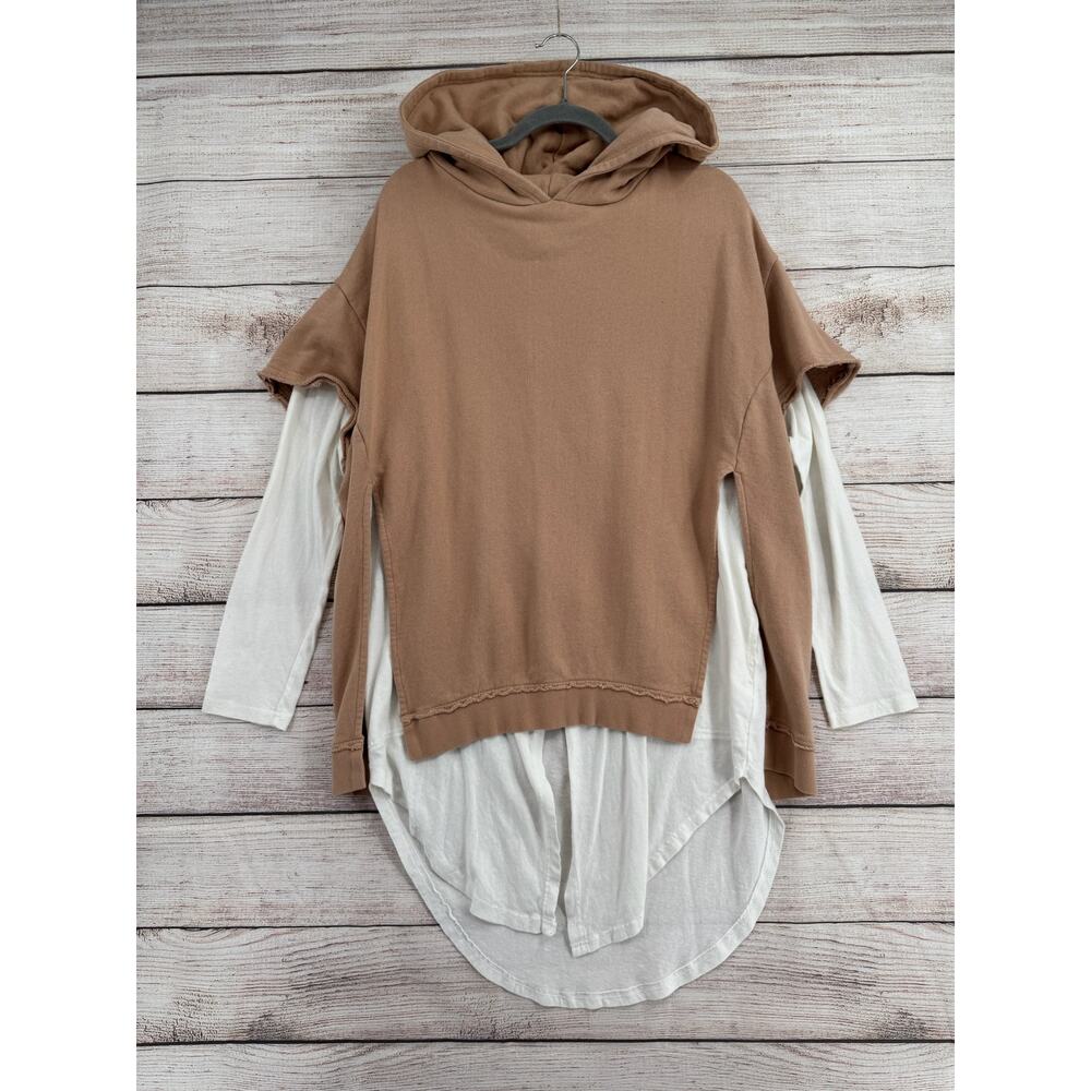 Free People FP Beach Longโ Sleeve T-Shirt Lined Split Hoodie Womens XS Tan White